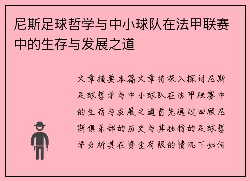 尼斯足球哲学与中小球队在法甲联赛中的生存与发展之道