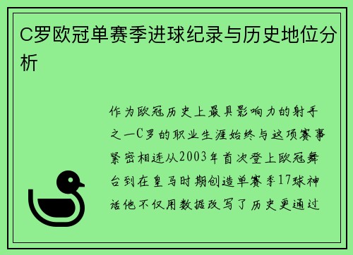 C罗欧冠单赛季进球纪录与历史地位分析