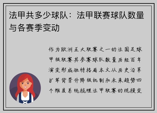 法甲共多少球队：法甲联赛球队数量与各赛季变动