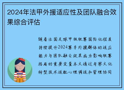 2024年法甲外援适应性及团队融合效果综合评估