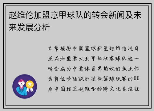 赵维伦加盟意甲球队的转会新闻及未来发展分析